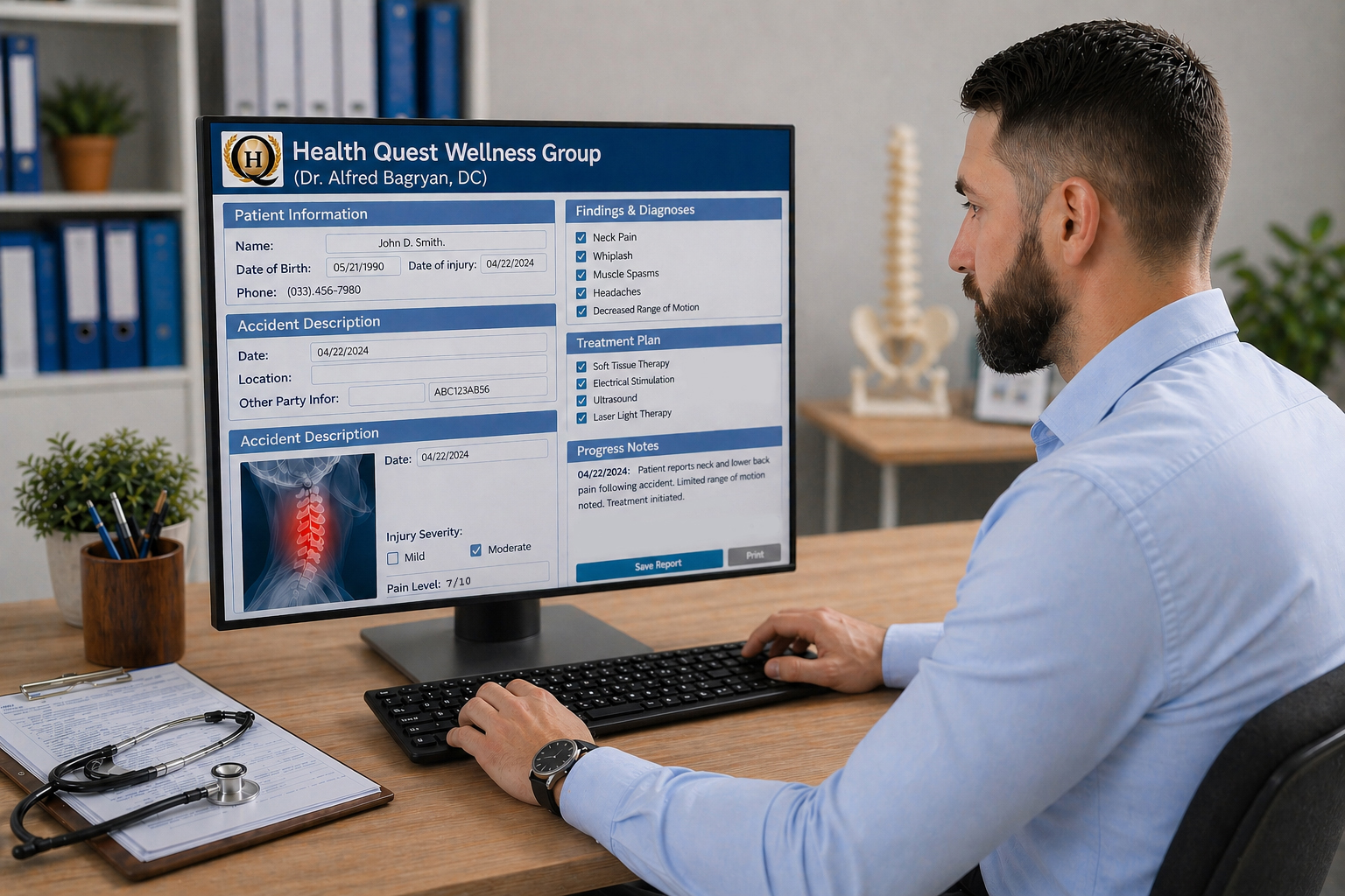 Chiropractor reviewing detailed patient injury report on computer