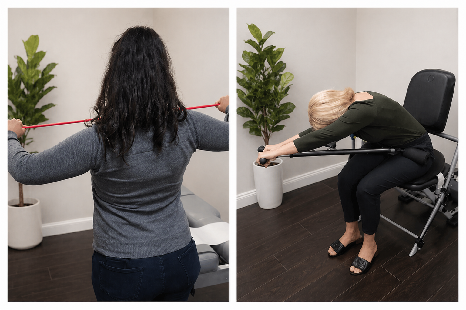 Patients performing corrective rehab exercises with resistance bands and stretching equipment